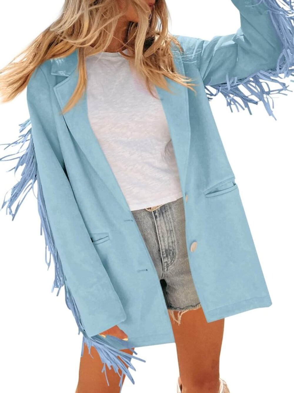 Women's Blue Faux Suede Lapel Collar Long Sleeves Casual Western Fringe Jacket